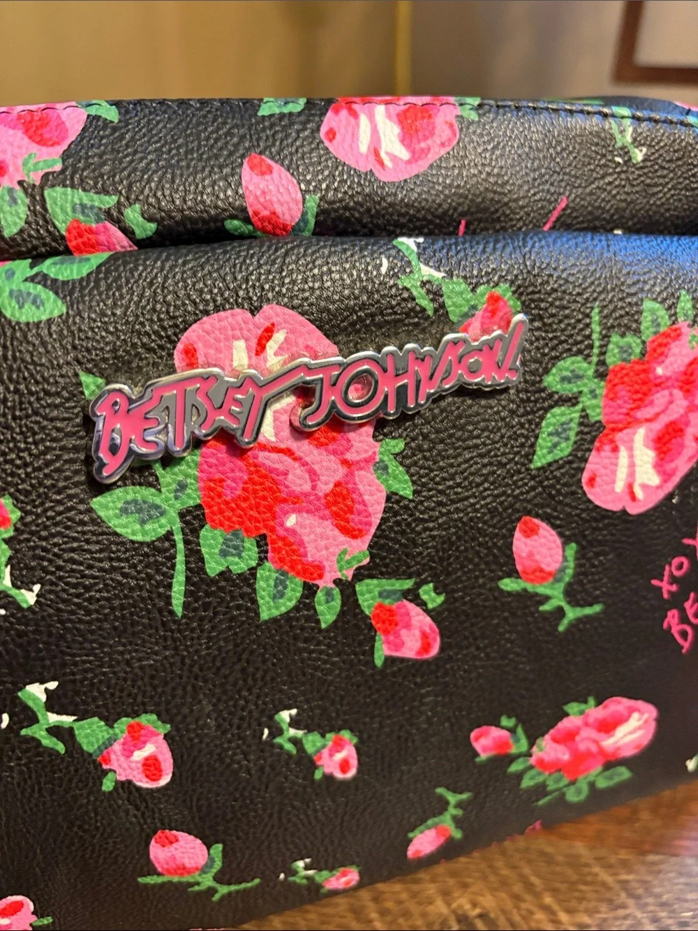 Betsey Johnson Black Cosmetic Pouch with Pink Floral Print